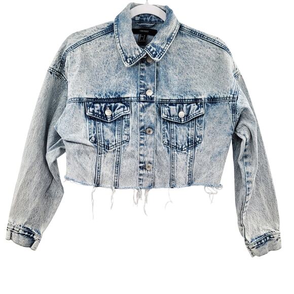 FOREVER 21 Blue Acid Washed Cropped Raw Hem Denim Jean Jacket Women's Size S - Picture 1 of 6